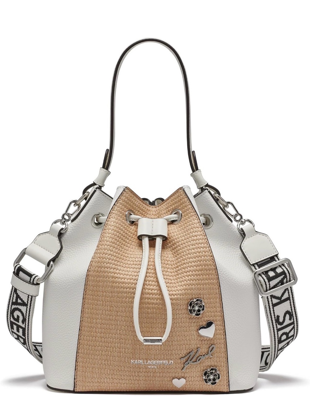 Karl Lagerfeld White and Natural Straw Drawstring Bucket Shoulder Bag